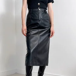 New Women Genuine Leather Black/Red Long Maxi Skirts Femme Befree High Waist Big Pocket Slit Jupe Longue Pencil Faldas Mujer