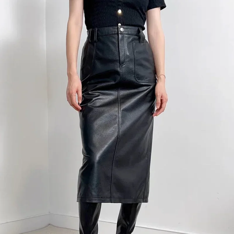 New Women Genuine Leather Black/Red Long Maxi Skirts Femme Befree High Waist Big Pocket Slit Jupe Longue Pencil Faldas Mujer