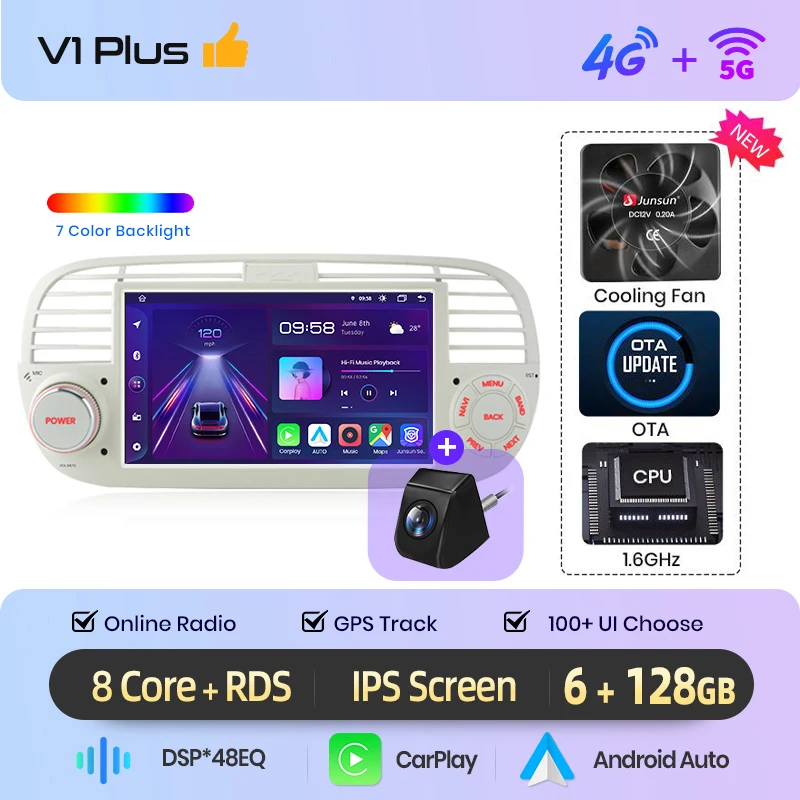 Junsun 7 inch Android autoradio voor Fiat 500 2007 - 2015 draadloos voor Apple CarPlay Auto IPS touchscreen stereo multimediaspeler automotive slimme intelligente systemen 2 Din autoradio head unit