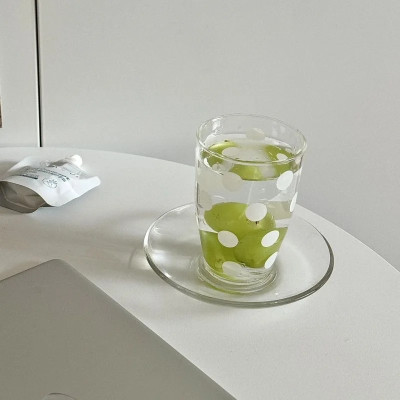 White Polka Dot Glass Cup Glass Cute Water Cup Transparent Cartoon Doodle Coffee Mug Friends Fruit Tea Lemonade Girls Latte Gift