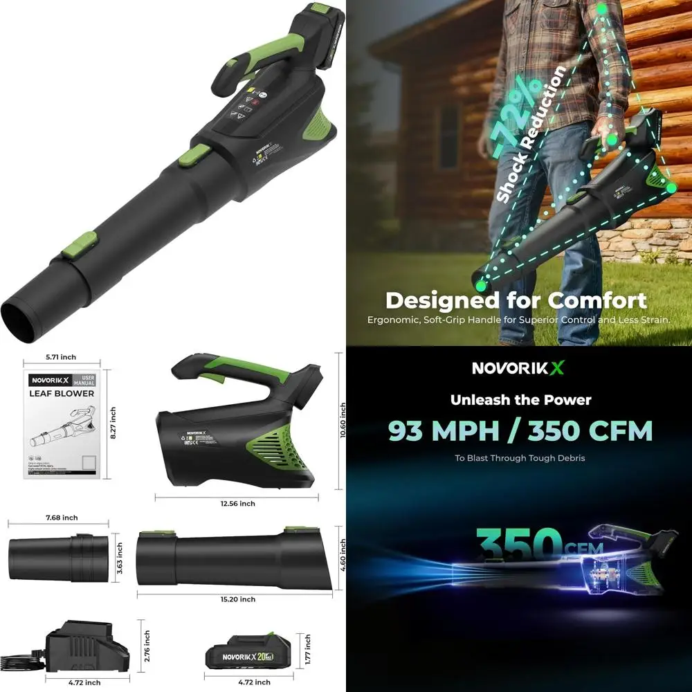 

20V Cordless Leaf Blower, 2.0Ah Battery, 93 MPH Speed, 350 CFM, Speed Control for Yard Cleanup