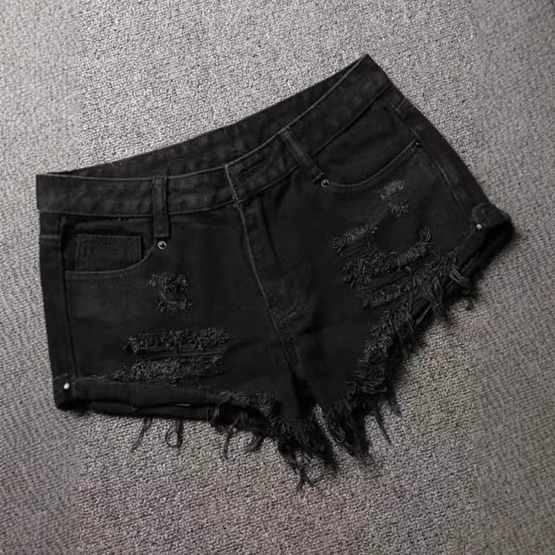 Black Denim Super Shorts Women Summer New Low-rise Ripped Shorts Crimped Sexy Hot Pants