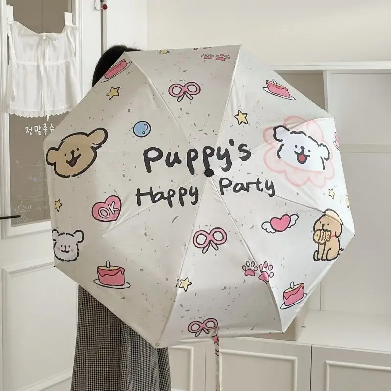 Sommer-Hunde-Party-Regenschirm mit schwarzem Kleber, UV-Schutz, automatischer dreifach gefalteter, achte gerippter, sonniger und regnerischer Dual-Use-Regenschirm