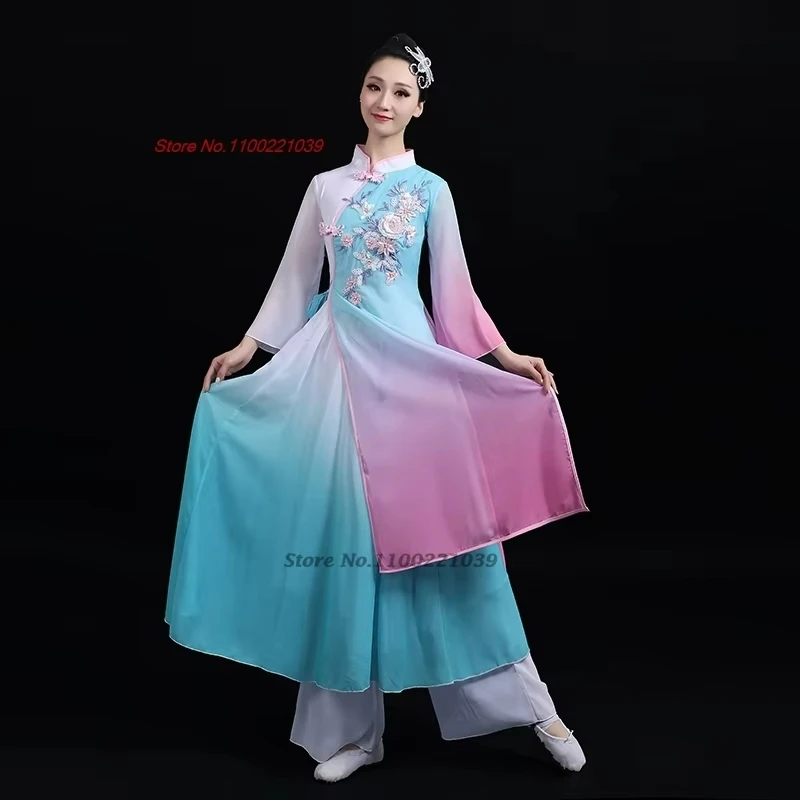 2025 chinese vintage dance folk dress chinese traditional flower embroidery qipao tops+pants set oriental folk dance hanfu set