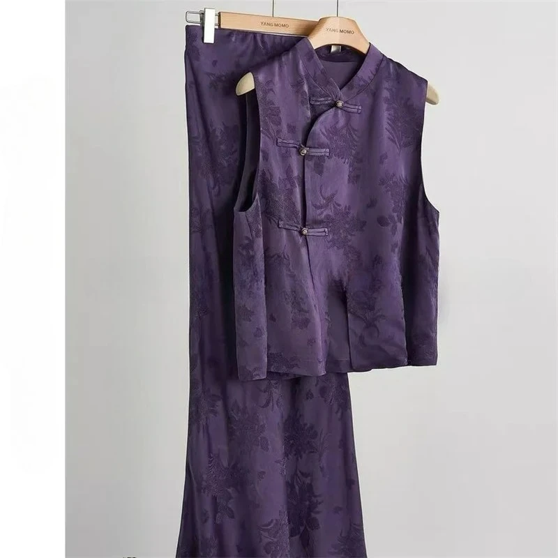 

2025 New Summer Jacquard Two Piece Sets Women Chinese Style A-Line Long Skirt Suit Frog Button Sleeveless Vest Set