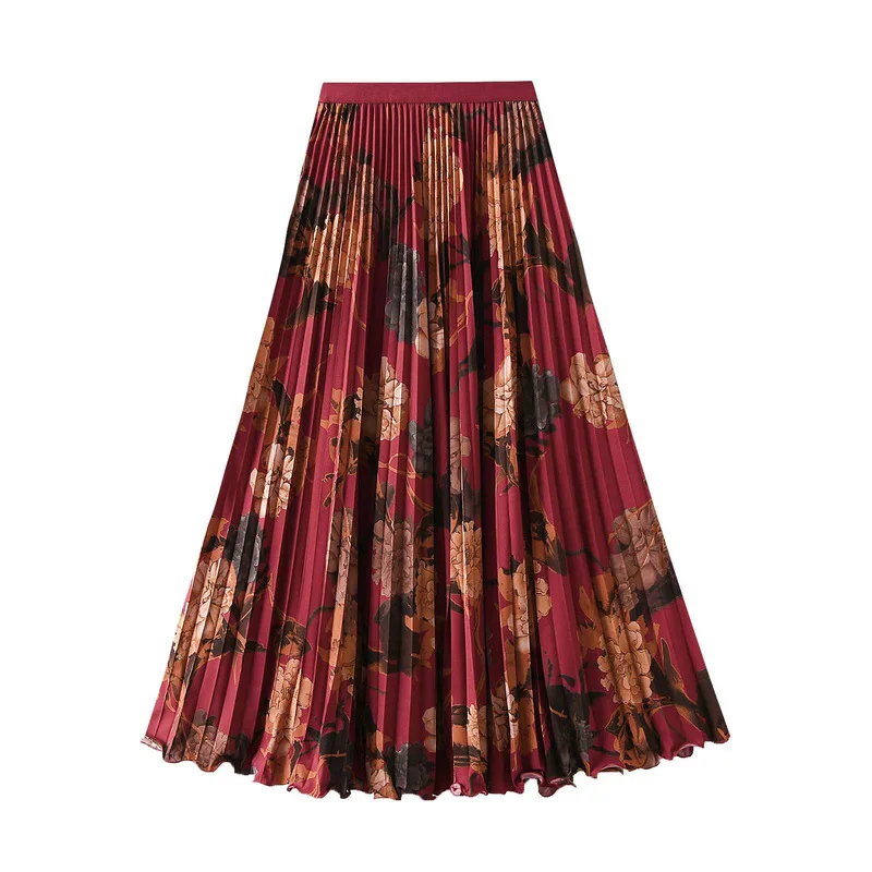 Chic Vintage Floral Print Pleated Skirts Womens 2026 New Fashion High Waisted Strechy A-Line Summer Skirt Female Young Party Rok