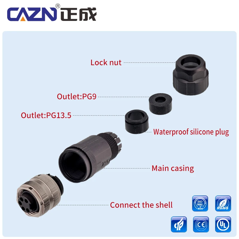 7/8 Plastic Assembled Plug Male Female 3 4 5 6 Pin Straight Angled Screw Type PG9 PG13.5 IP67 for Sensor & Fieldbus Systems
