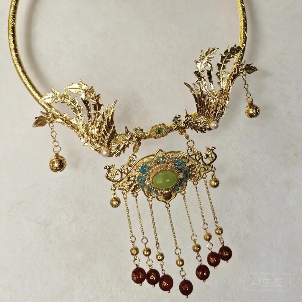 Chinese Handmade Court Style Collar Necklace Phoenix Design Tassel Bell Pendant Jewelry For Hanfu Traditional Cosplay Occasion