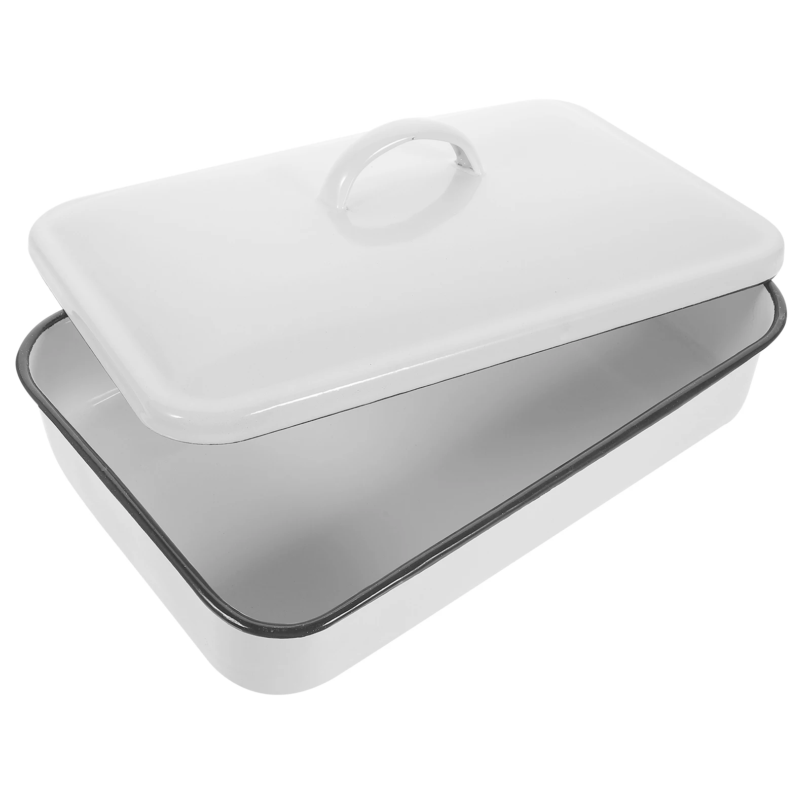 1pc White Enamel Pan Rectangular Enamel Roasting Baking Tray Oven Baking Pan Food Preservation Dish Food Plate With Lid Crisper