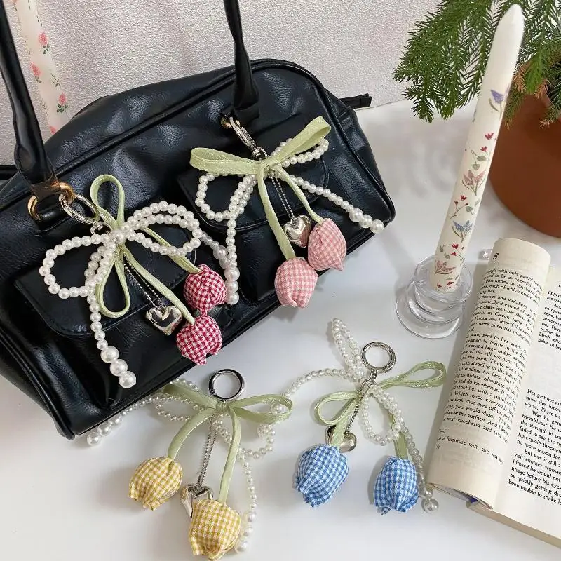 1 قطعة شبكة اللؤلؤ القوس توليب حقيبة سلسلة مفاتيح قلادة سحرية مع الشريط مجوهرات للنساء سلسلة مفاتيح DIY بها بنفسك الديكور