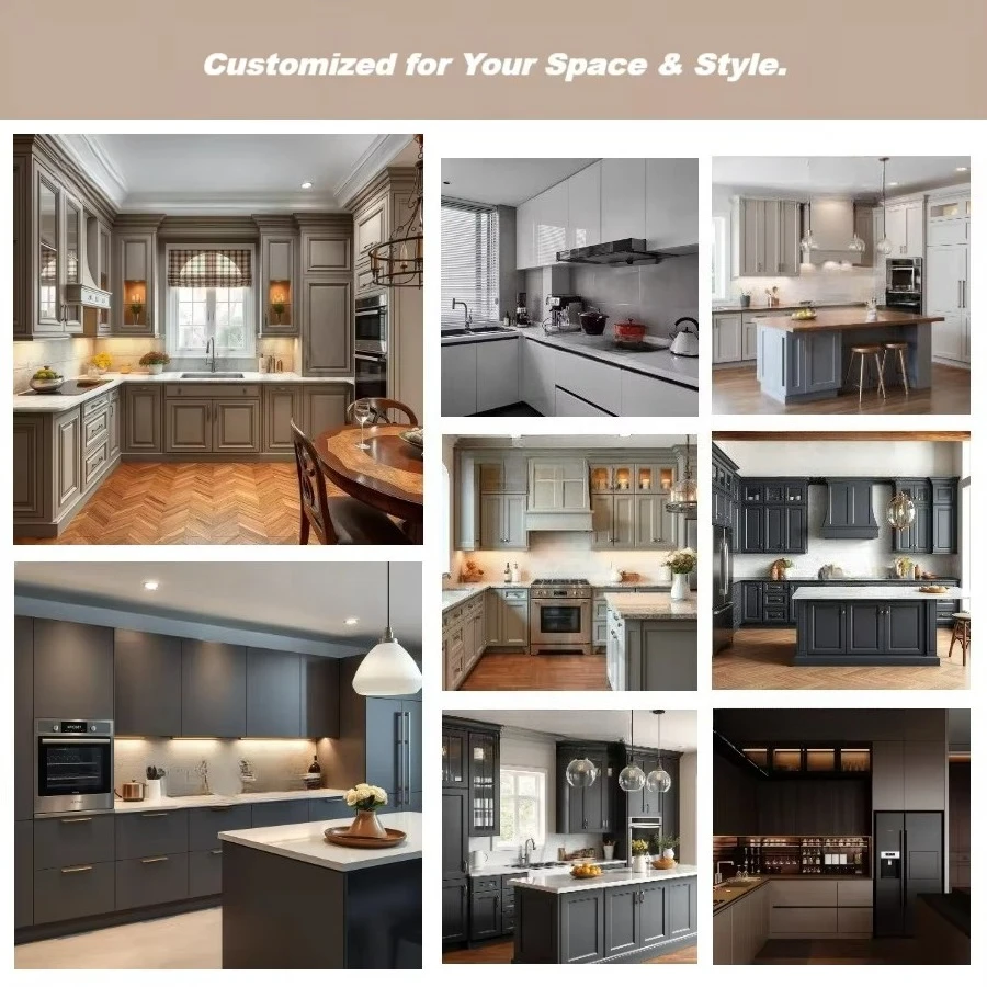 Grey Kitchen Cabinet Modern Wooden Modular Storage Custom Size Waterproof Laminate Soft-Closing for Home Villa Apartment