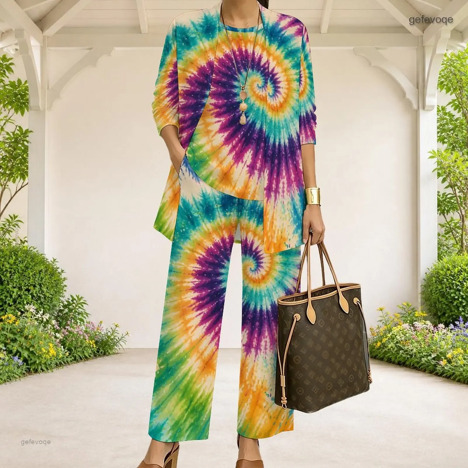 Women Spiral Tie-Dye Printed 3/4 Sleeve Open Front Cardigan Tank Top Long Pants Three Piece Pants Set