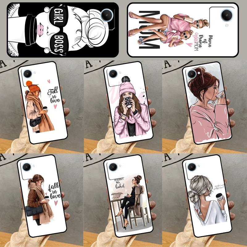 حافظة قهوة الأميرة أنثى بوس لهاتف Realme 14 12 10 11 13 Pro Plus GT 6 6T 5 GT7 Pro C61 C55 C51 C21Y C25S C67 C75 C53