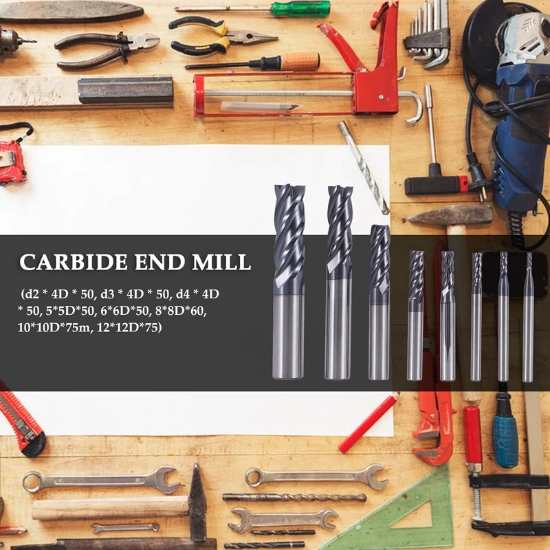 8Pcs 2-12mm Carbide End Mill 4 Flutes End Mill Set Milling Cutter Tool Kit CNC Carbide Milling Cutter Spiral Router Bits-A63M