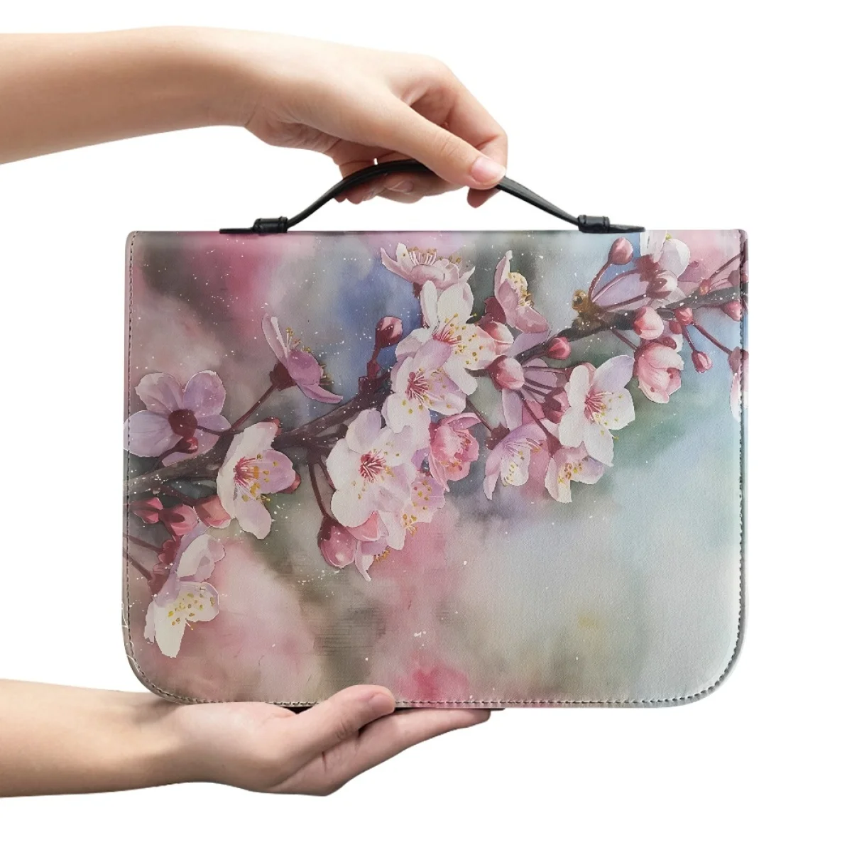 Spring Cherry Blossom Painting Bible Cover Case Women's Bible Storage Bag Pu Leather Zippered Handbag Holy Storage Boxes Bolsas