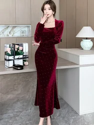 Autumn Winter Red Velvet Diamonds Square Collar Long Dress Women Elegant Luxury Festival Dress Gown 2026 Korean Vintage Vestidos