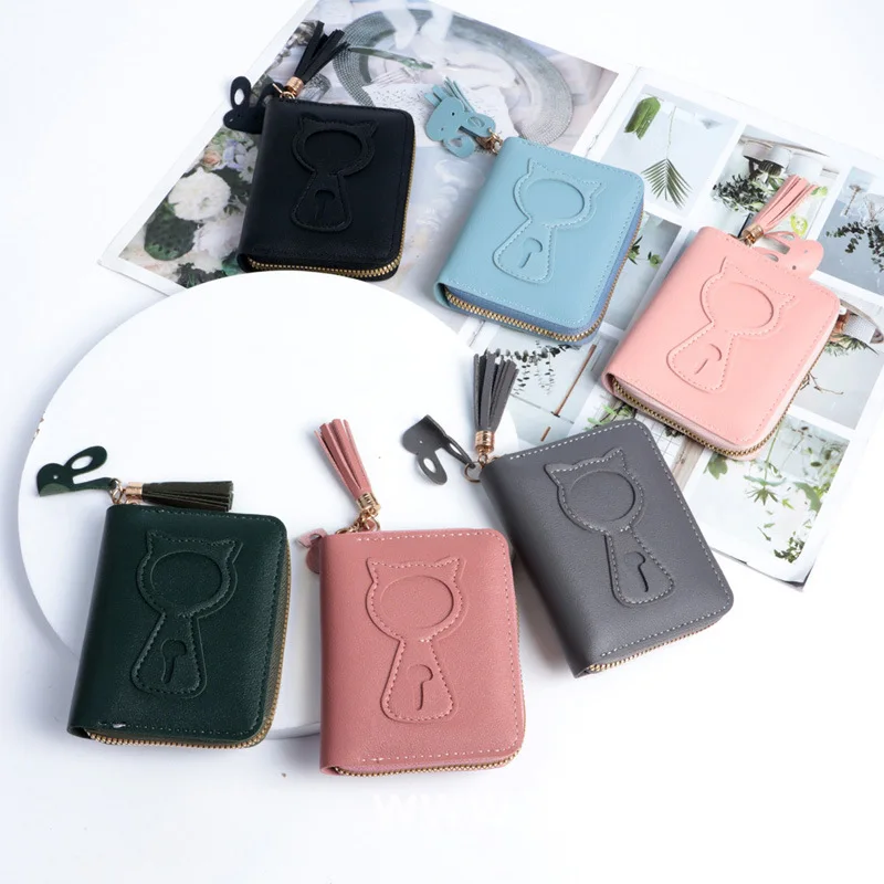 Korean Cute Cat Print Wallet Women Short Wallet  Zipper Card Bag Clutch Bag Coin Purse Credit Card Holder with Tassel Pendant