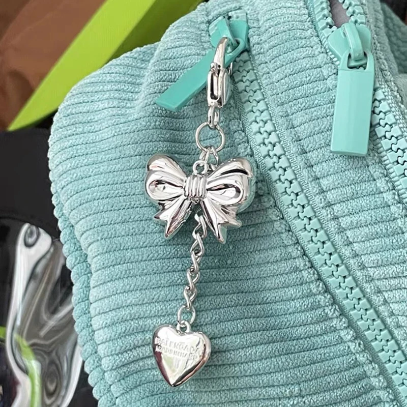 Creative Silver Color Love Heart Bow Chain Pendant Keychain For Women Girls Vintage Cute Bowknot Bag Pendants Accessories