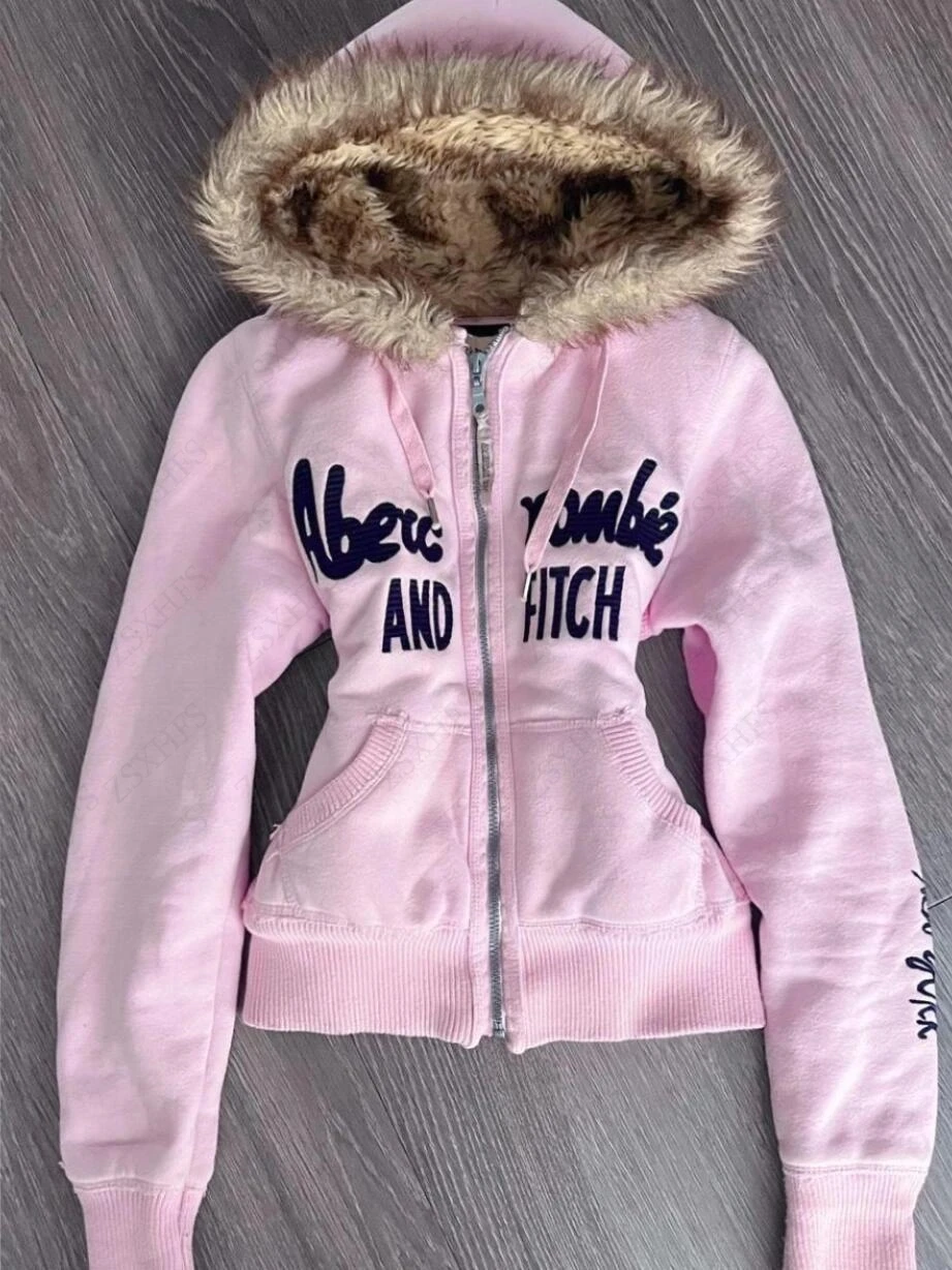 Rosa Mädchen Y2K Zipper Hoodie Harajuku Lose Brief 2025, Neue Winter Herbst Kleidung Gothic Sweatshirt High Street Übergroßen Hoody