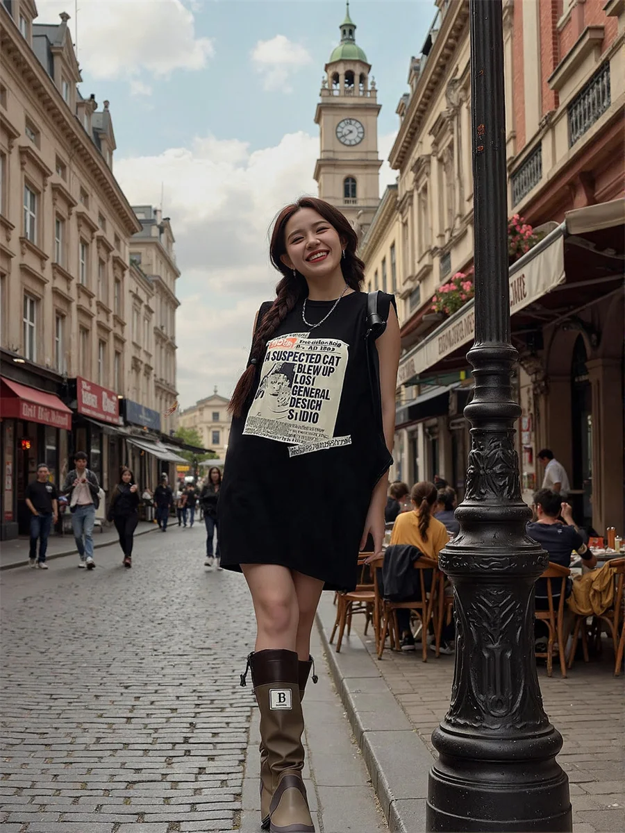 Women'S Dress Harajuku Trend Black Appliques Smocking Shirring Bows Hand-Pleated Ruffles Gathered Fluffy Puff Sleeve Waistband