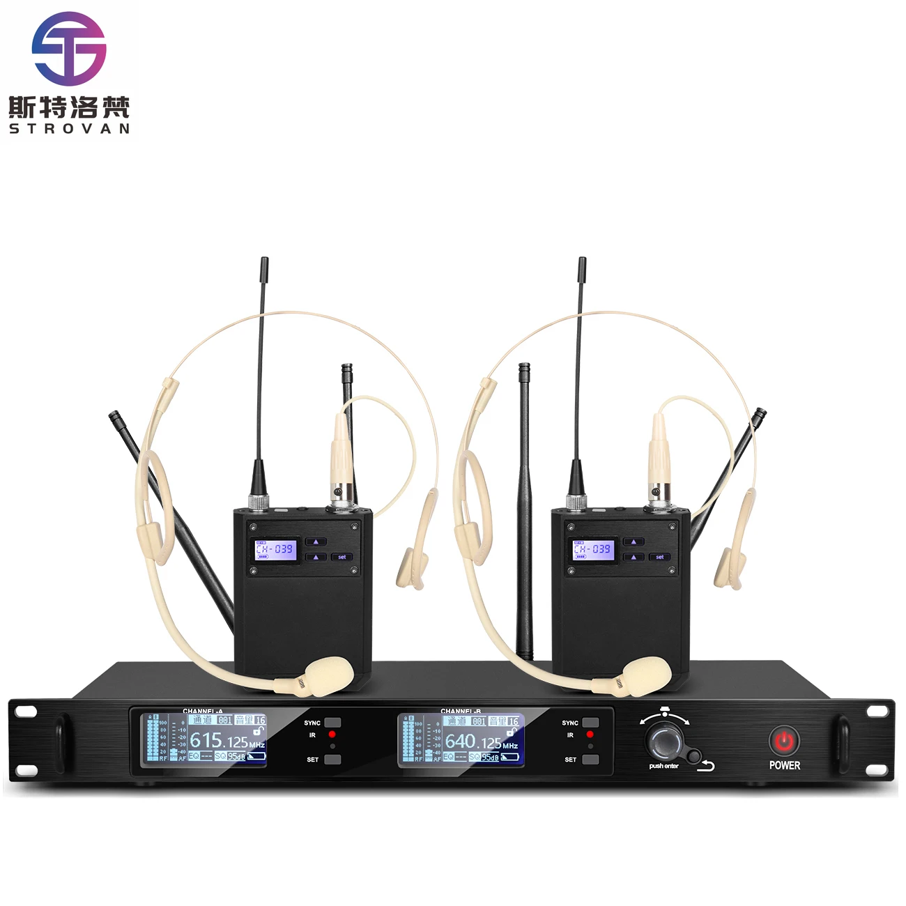 

UHF Wireless Microphone Dual Channel Receive Headset Mic with Bodypack Transmitter