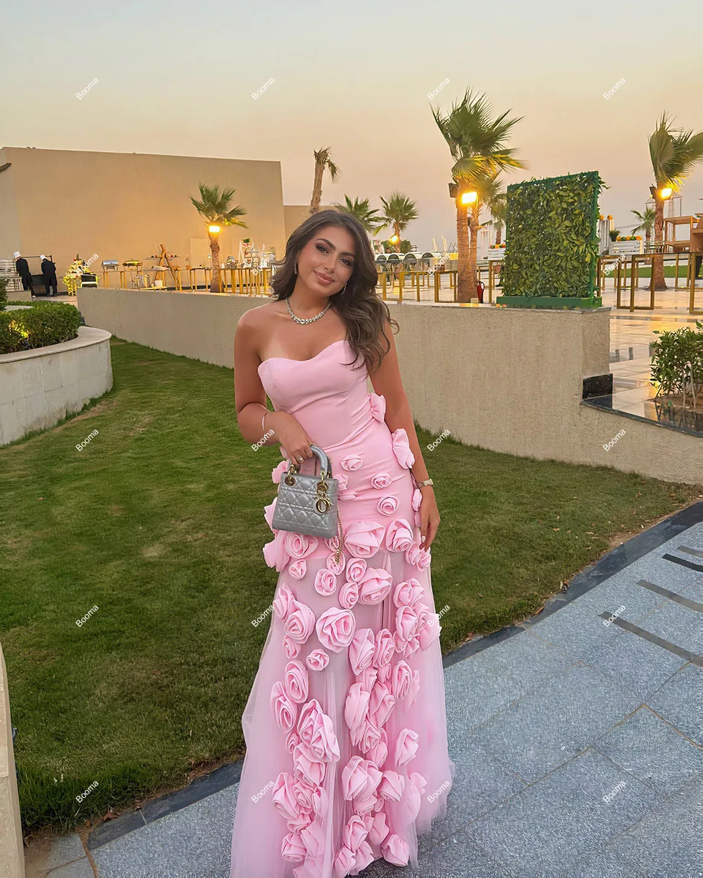 Booma Pink Mermaid Evening Dresses Sweetheart Sleeveless 3D Flowers Special Occasion Gowns for Women Side Slit Party Prom Dress