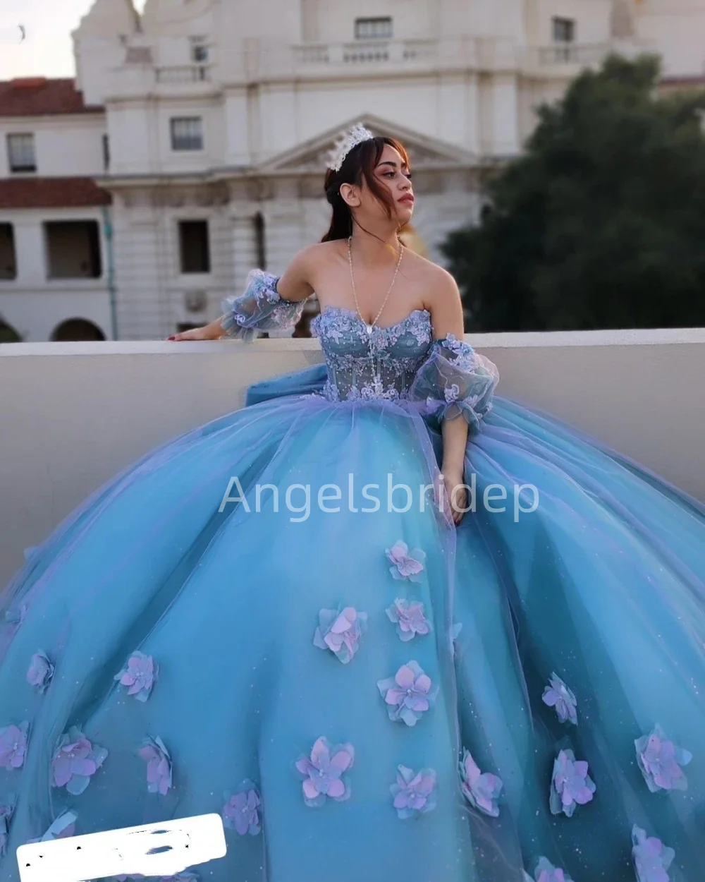 

Angelsbride Mexican Evening Party Vestidos De Fiesta 3D Flower Ball Gown Quinnceanera Dresses Bow Without Bear's Dress