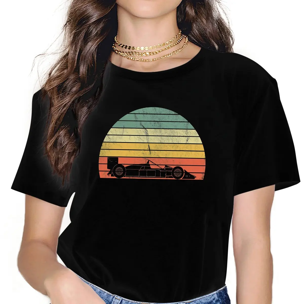 Funny Retro Sunset T-Shirt Women Round Collar T Shirt F1 Car Racing Short Sleeve Tee Shirt Printing Clothing