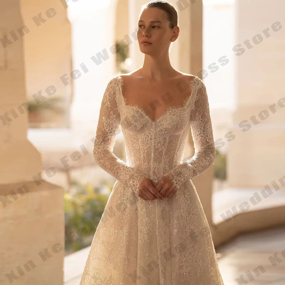 Abiti da sposa in pizzo di lusso Sweetheart maniche lunghe Abiti da sposa Paillettes Lucido Elegante abito da sposa classico Vestido personalizzato