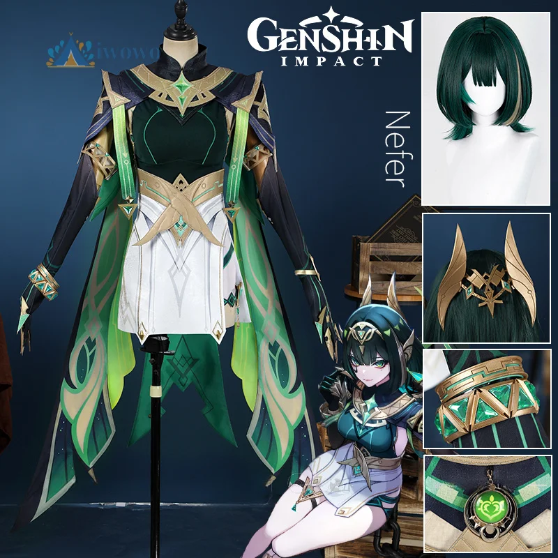 

Genshin Impact Nefer Cosplay Costume Wig Dress Skirt Headwear Accessories Props For Women Gilrs Voynich Guild Nod-Krai Halloween