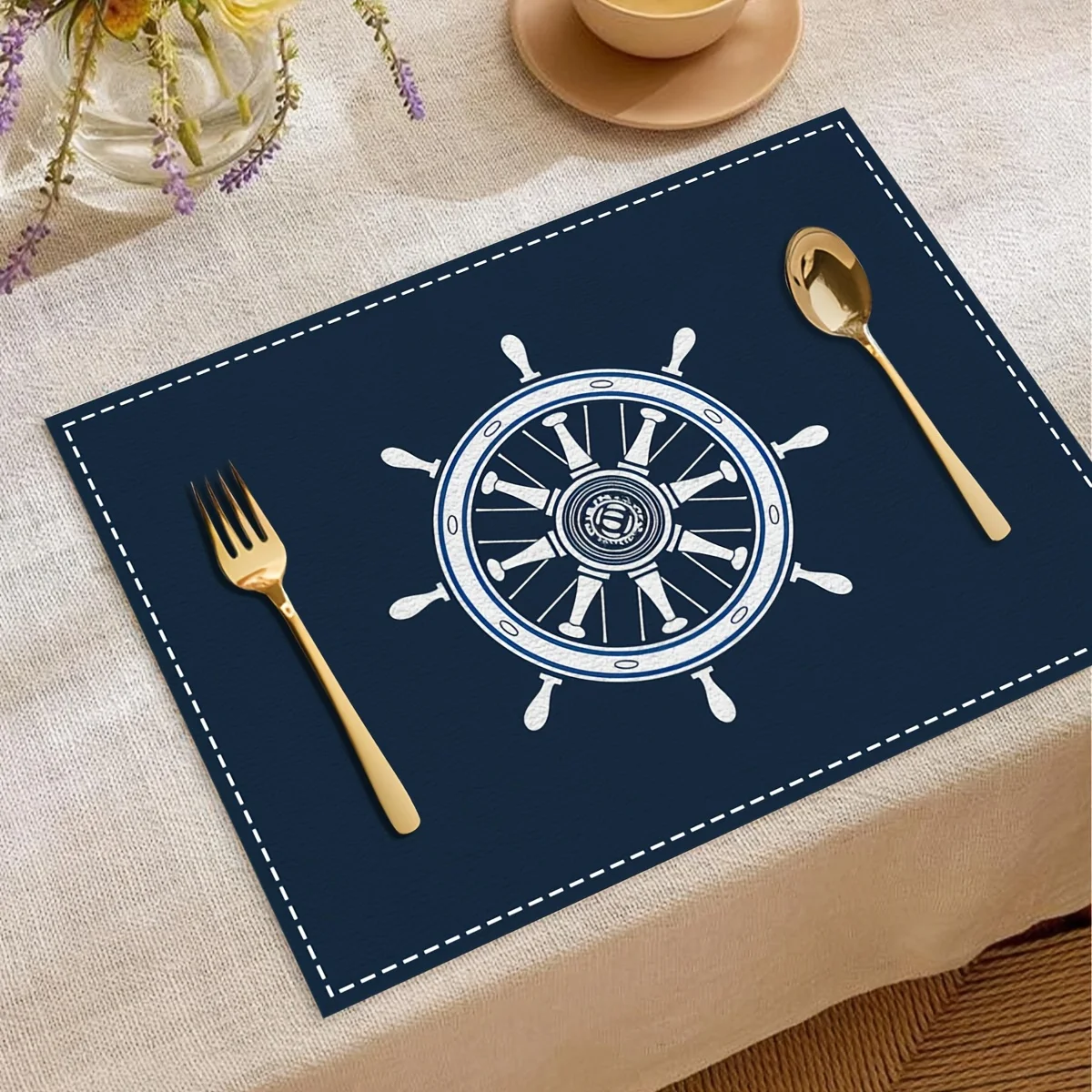 Nautical Style Steering Wheel and Ship's Wheel Print Linen Placemats  Navy Blue and White Machine Washable Rectangular Placemats