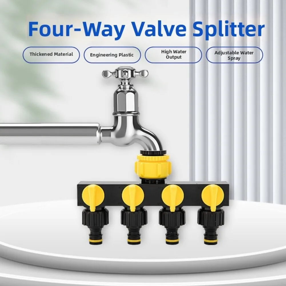 4 Outlet Water Splitter with Individual On Off Controls ABS Material for 1 3/4 1/2 Inch Garden Hose Connections