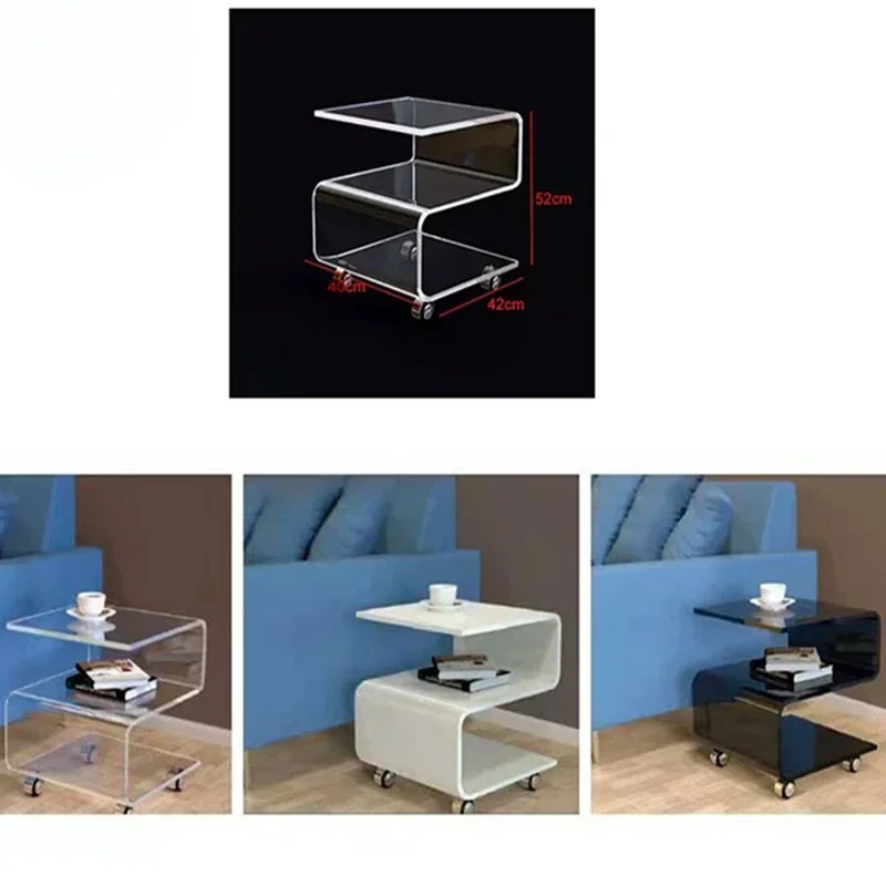 Creative S-shaped Transparent Acrylic Coffee Table with Wheels Storage Bedside Table Movable Corner Tables Home Furniture