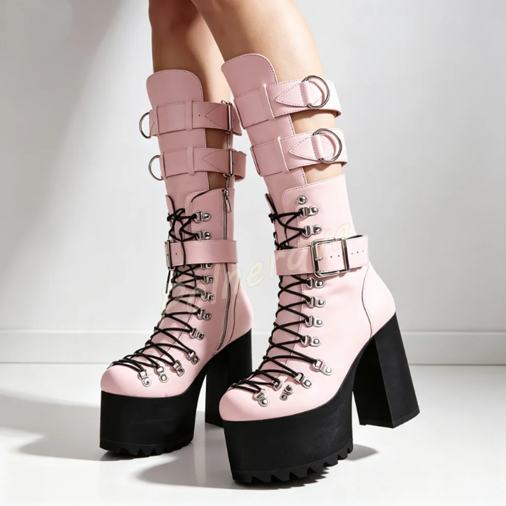 Women Gothic Mid Calf Platform Boots Hollow Multi Buckle Strap Lace Up Chunky Block Heel Boots Side Zipper Punk Party Goth Shoes