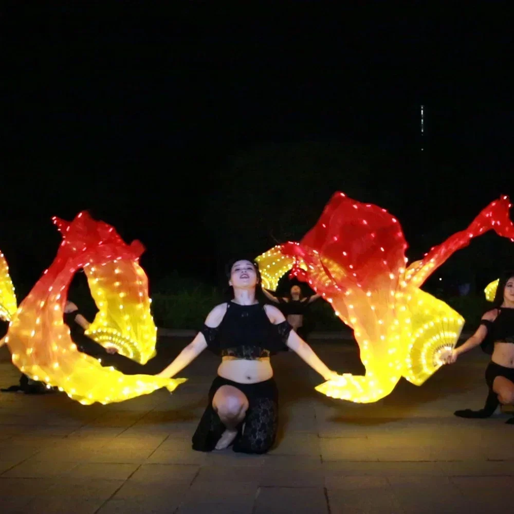 Accessori per la danza del ventre velo a ventaglio in seta a Led con 180cm di lunghezza rosso e giallo per la pratica del ventilatore da ballo e le prestazioni sul palco