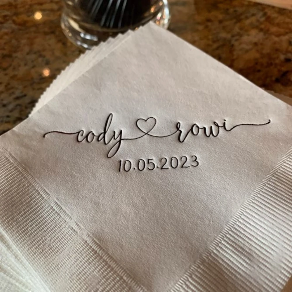 

50Pcs Personalized Wedding Cocktail Napkins, Custom Heart Connected Monogram,Bride Shower Rehearsal Dinner, Anniversary Party