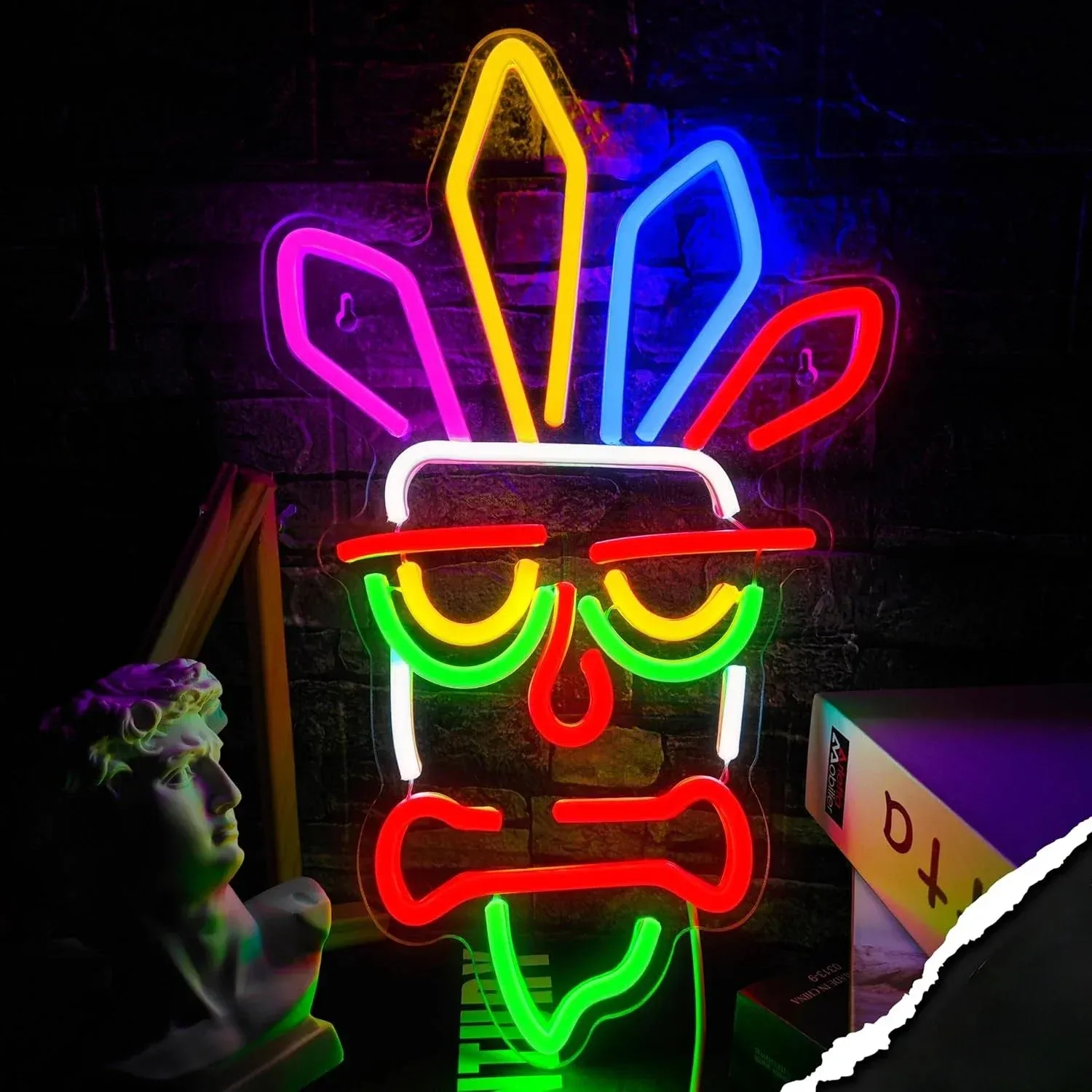 

Art Tiki Mask Neon Sign Light Dimmable Design Home Bar Living Room Wall Ornament Festival Gift