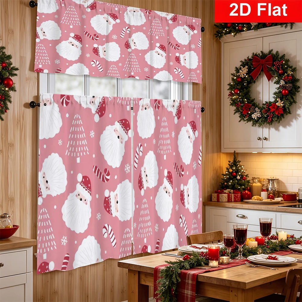 Christmas Kitchen Curtains, Pink Santa Face Candy Cane, Digital Print, Kitchen Dining Room, Rod Pocket Polyester, Home Decor