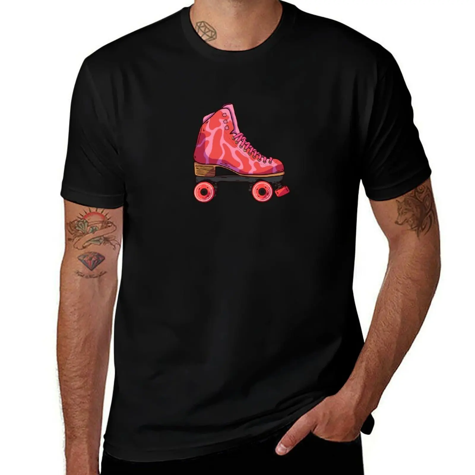 Pink and Red Strawberry Cow Print Pattern Roller Skate T-Shirt Breathable Mesh Panel T-Shirt