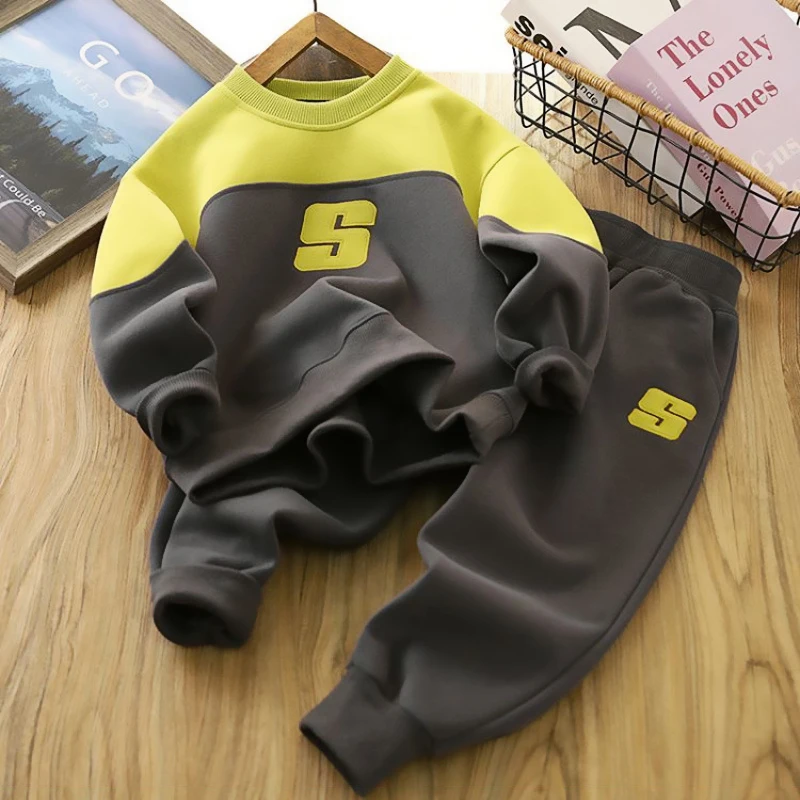 2026 Spring Autumn Boys Clothing Set Patchwork Letter Sweatshirt Pants 2Pcs Suit For 2-6 Y Kids Sport Outfits Birthday Present