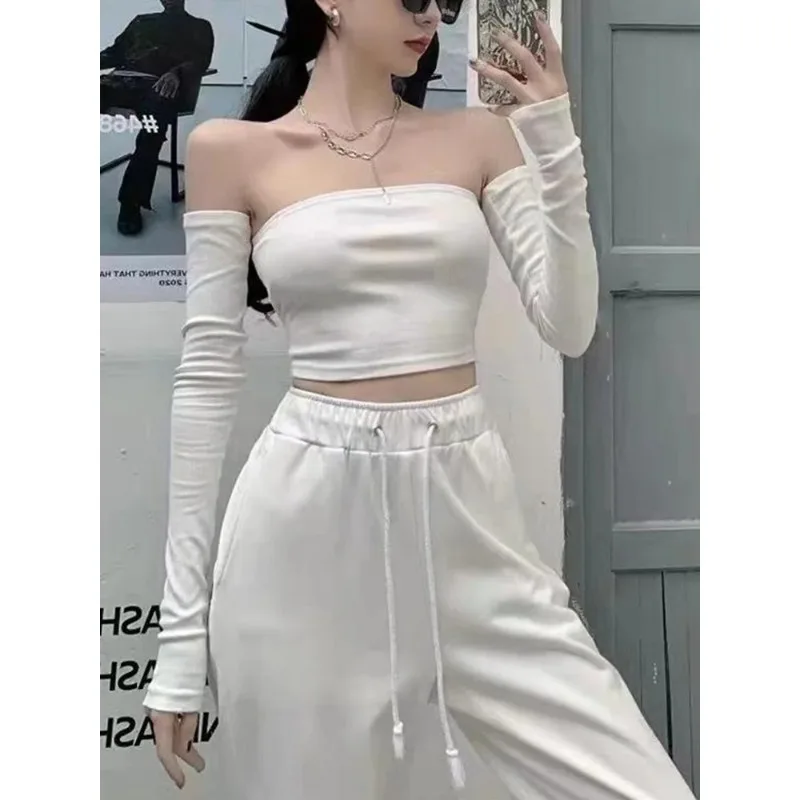 

Female Crop Tops T-shirts, Solid Color Boat Neck Off Shoulder Sexy Tops Pullover with Long Sleeves for Summer Club Wear