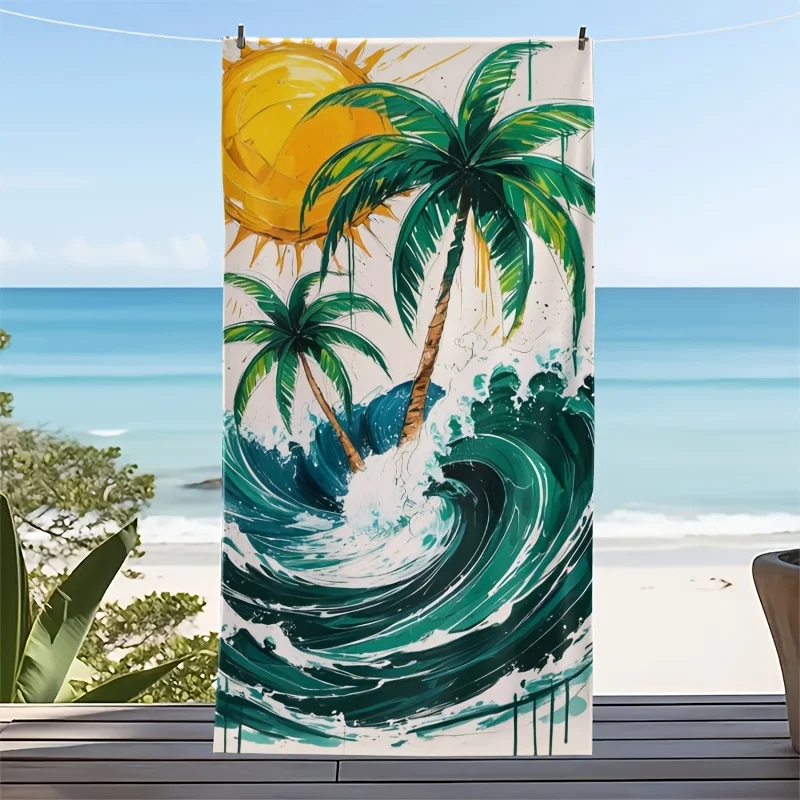 Vibrant Watercolor Palm Tree Wave Print Beach Towel, Soft Quick Dry Oversized Bath Towel, Tropical Summer Accessory 1pcs