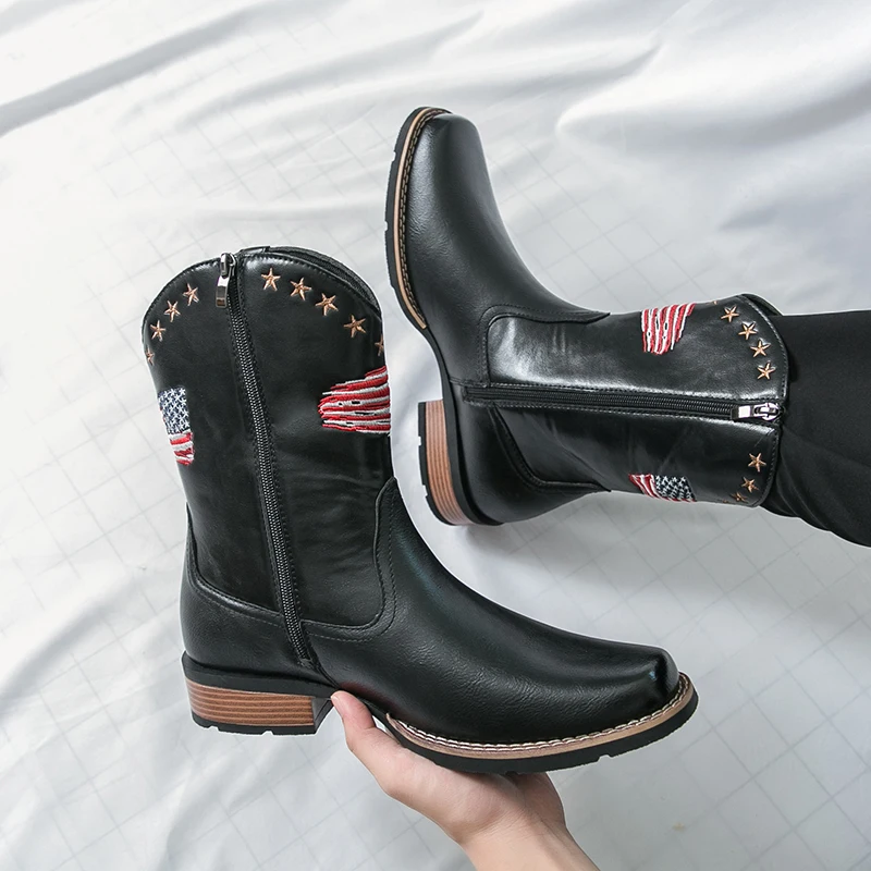 Western Cowboy Men Knight Boots PU Low Heel Square Head Side Zipper Fashion Trend Tall Men Boots