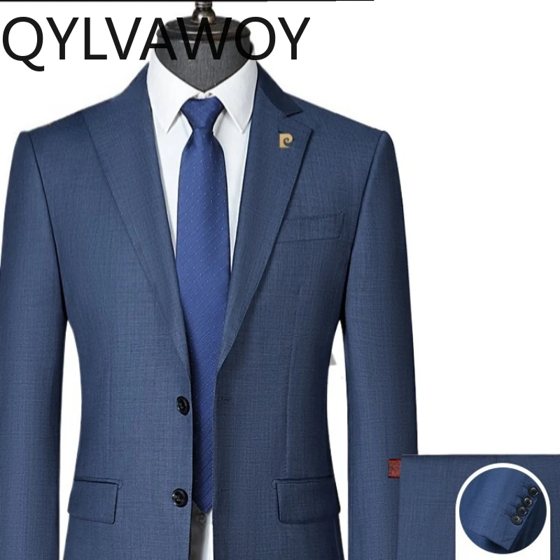 QYLVAWOY 100% Wool Men's Set Business Professional Formal High-Grade Wedding Gown Stylish Slim-Fit Comfortable Suit LJ2695