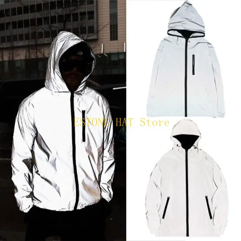 

49MF Hooded Windbreaker Jackets Fashion Runing Pocket High Visibility Cycling Jackets Reflective Coat for Women Men
