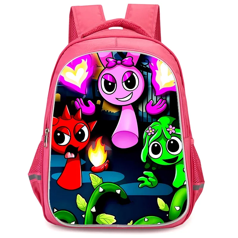 Mochilas escolares S-Sprunki de 16 polegadas com bolso duplo com zíper, mochila rosa de desenho animado para meninas, bolsas infantis duráveis para estudantes de alunos