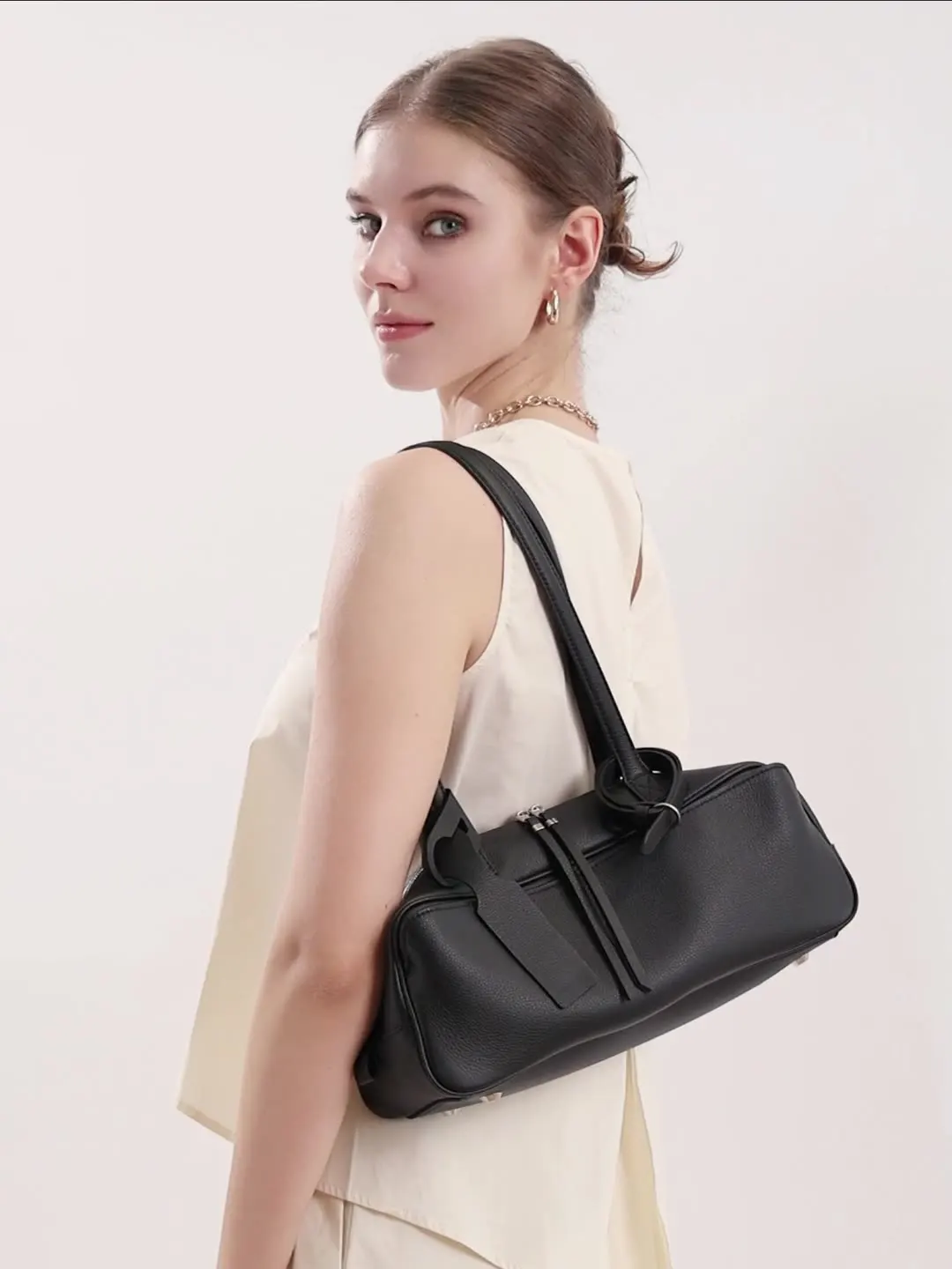 

Leather bowling underarm bag 2025 new niche design genuine leather fashion large capacity vintage women's shoulder bag