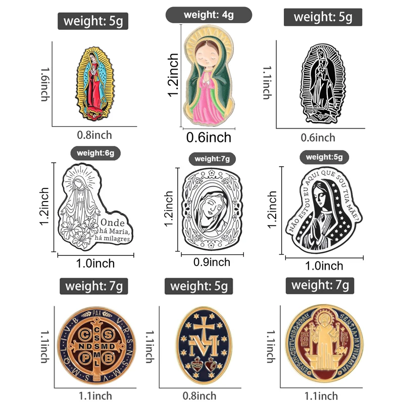 Religious Faith Saint Benedict & Virgin Mary Latin Prayer Enamel Pins Catholic Saint Cross Medal Brooch Lapel Badge Jewelry Gift