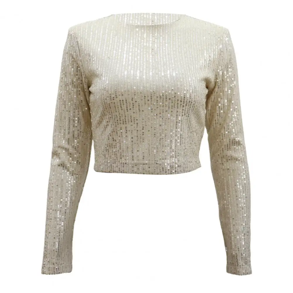 Damski top z cekinami i cekinami z długim rękawem dla kobiet z okrągłym dekoltem i luźnym krojem Tee Shirt o wąskim kroju