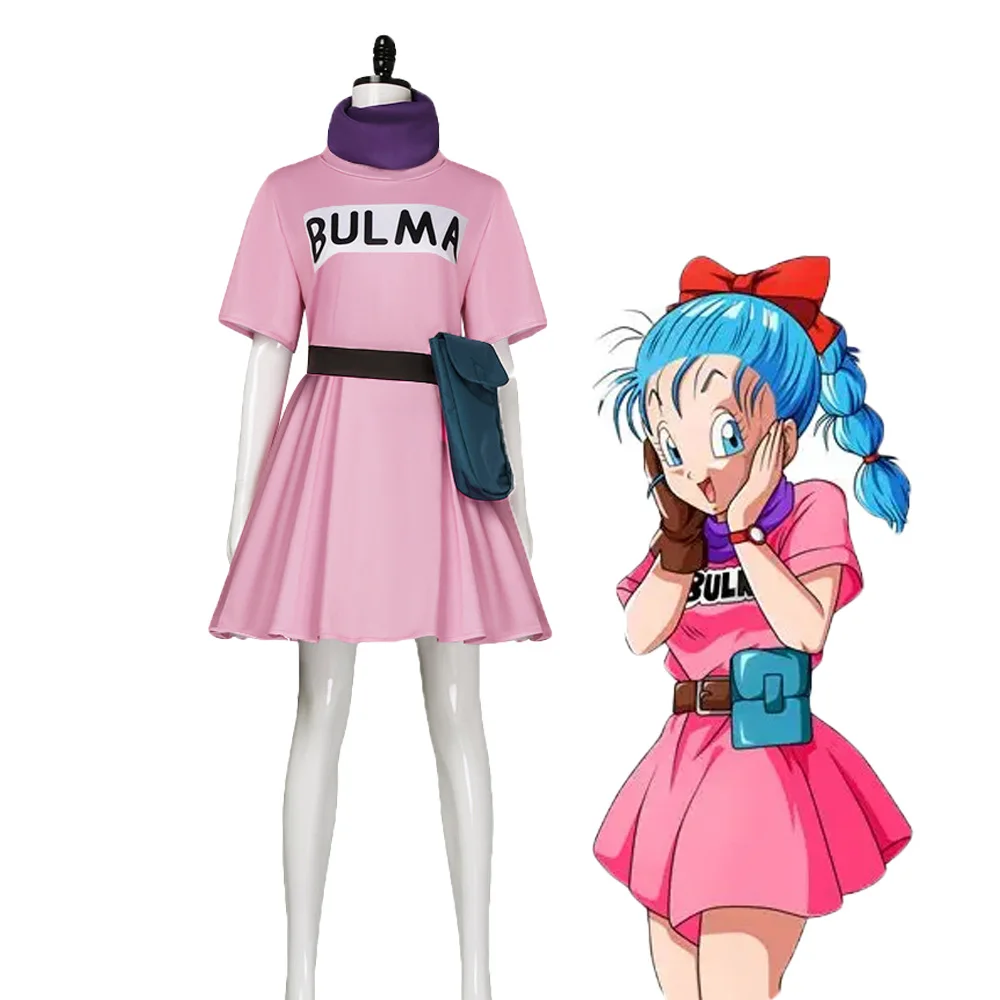Аниме Bulma Косплей Костюм Розовое Платье Поясная Сумка Шарф и Полный Аксессуар Наряд Хэллоуин Вечеринка для Женщин Костюм Аниме Bulma Косплей Костюм Розовое Платье Поясная Сумка Шарф и Полный Аксессуар Наряд Хэллоуин Вечеринка для Женщин Костюм